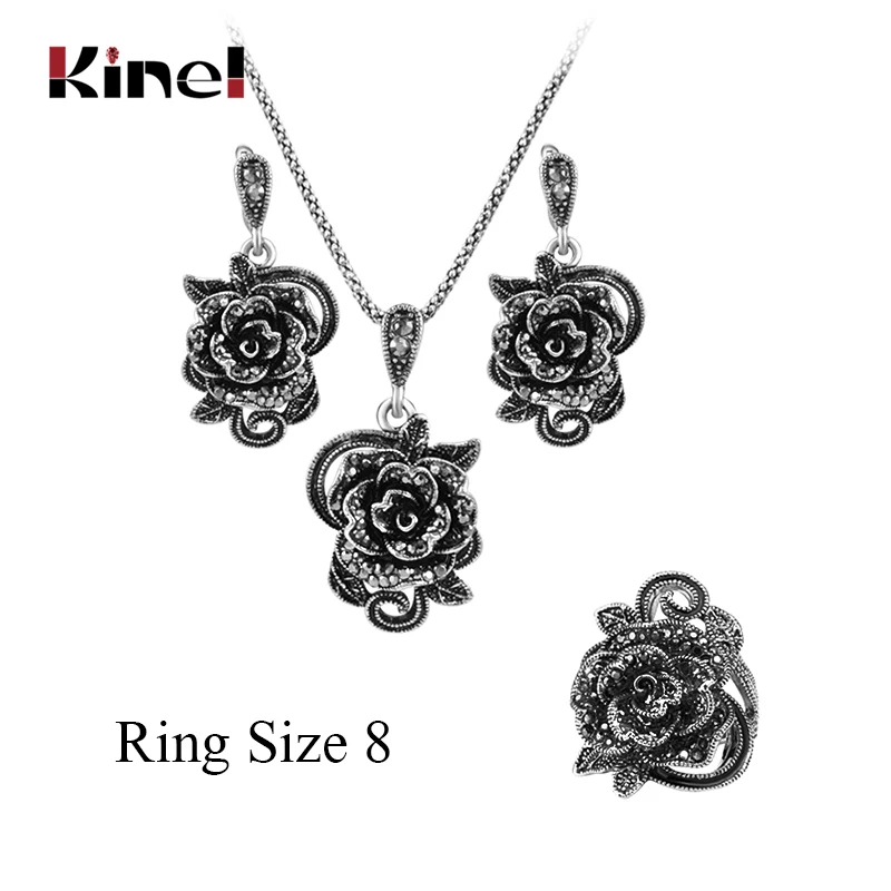 3pcs Ring size 8 Kinel Горячие Серые розы с кристаллами набор украшений для женщин старинное серебряное кольцо ожерелье серьги браслет винтажные свадебные ювелирные наборы - Окраска металла: 3pcs Ring size 8
