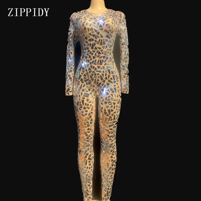 Женский сетчатый костюм для танцев модный серебристый с зеркалами пикантный