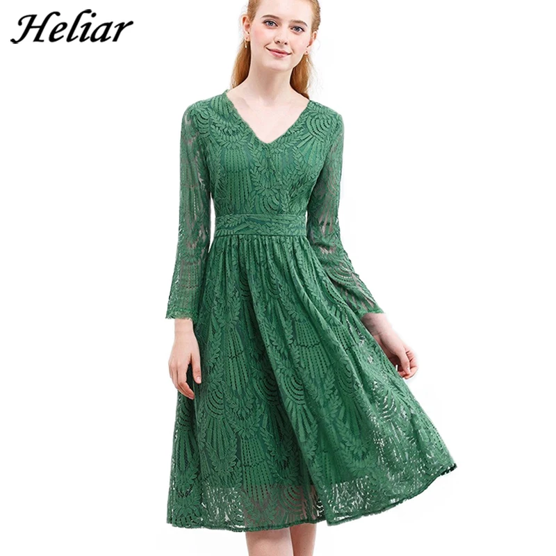 Женское ажурное платье с принтом зеленых листьев Повседневное до колена