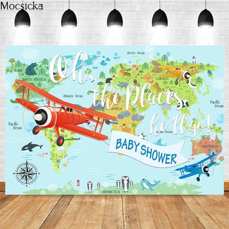 

Baby Shower Photography Background Airplane Travel Around The World Decoration Props Child Portrait Party Photo Backdrop Banner