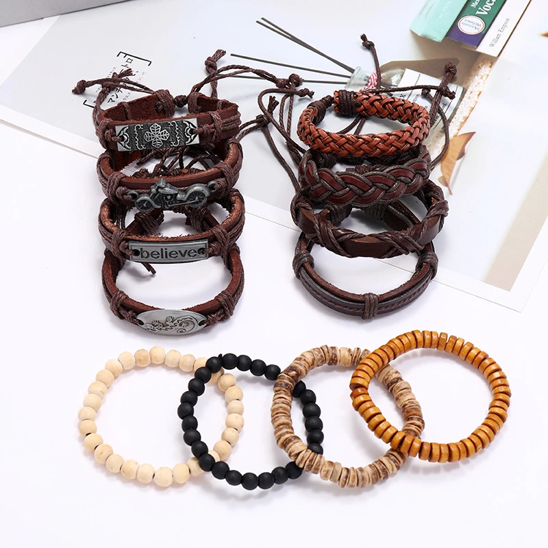 Винтажный Ретро многослойный комплект кожаного браслет в стиле панк для