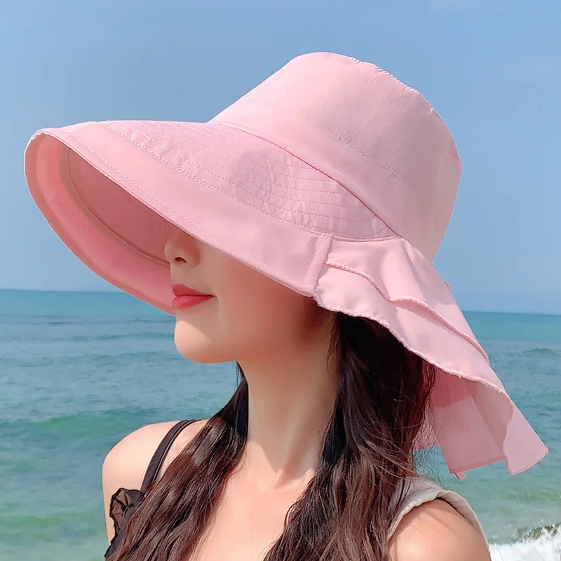 

Summer Wide Brim Beach Sun Hats For Women Small head circumference Ponytail Anti-UV Drawstring Sun Hat Foldable Bucket Cap