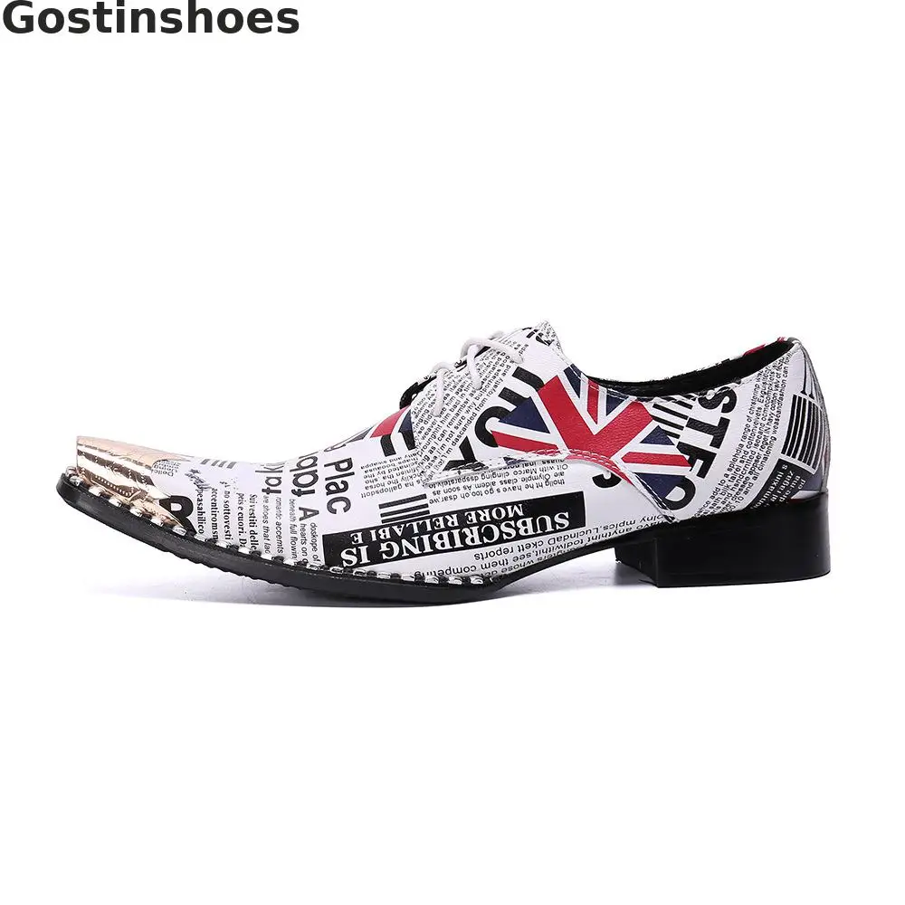 Fashion Men Shoes Genuine Leather Printed Lace-up Derby Metal Capped Toe Pointed Casual Loafers | Обувь