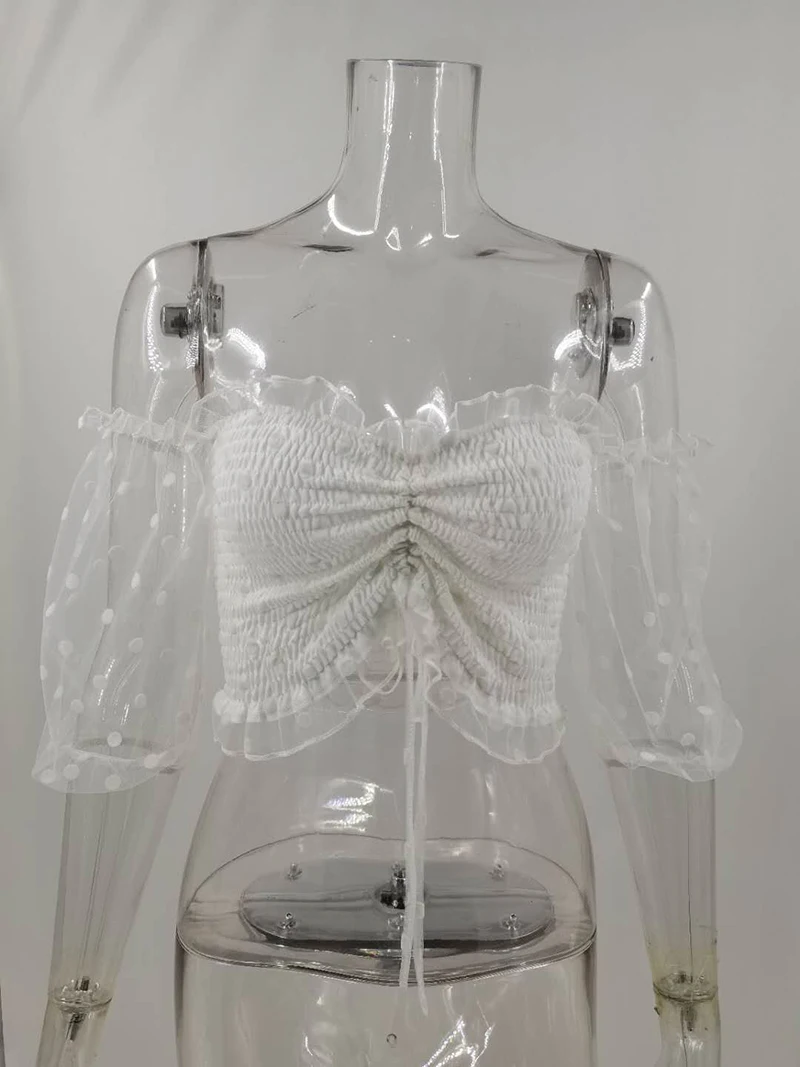 

Ruched Sexy Polka Dot White Tank Top Women Wrap Chest Summer Club Party Wear Camisole Femme Crop Tops Mesh Slim Soft Vest 2021