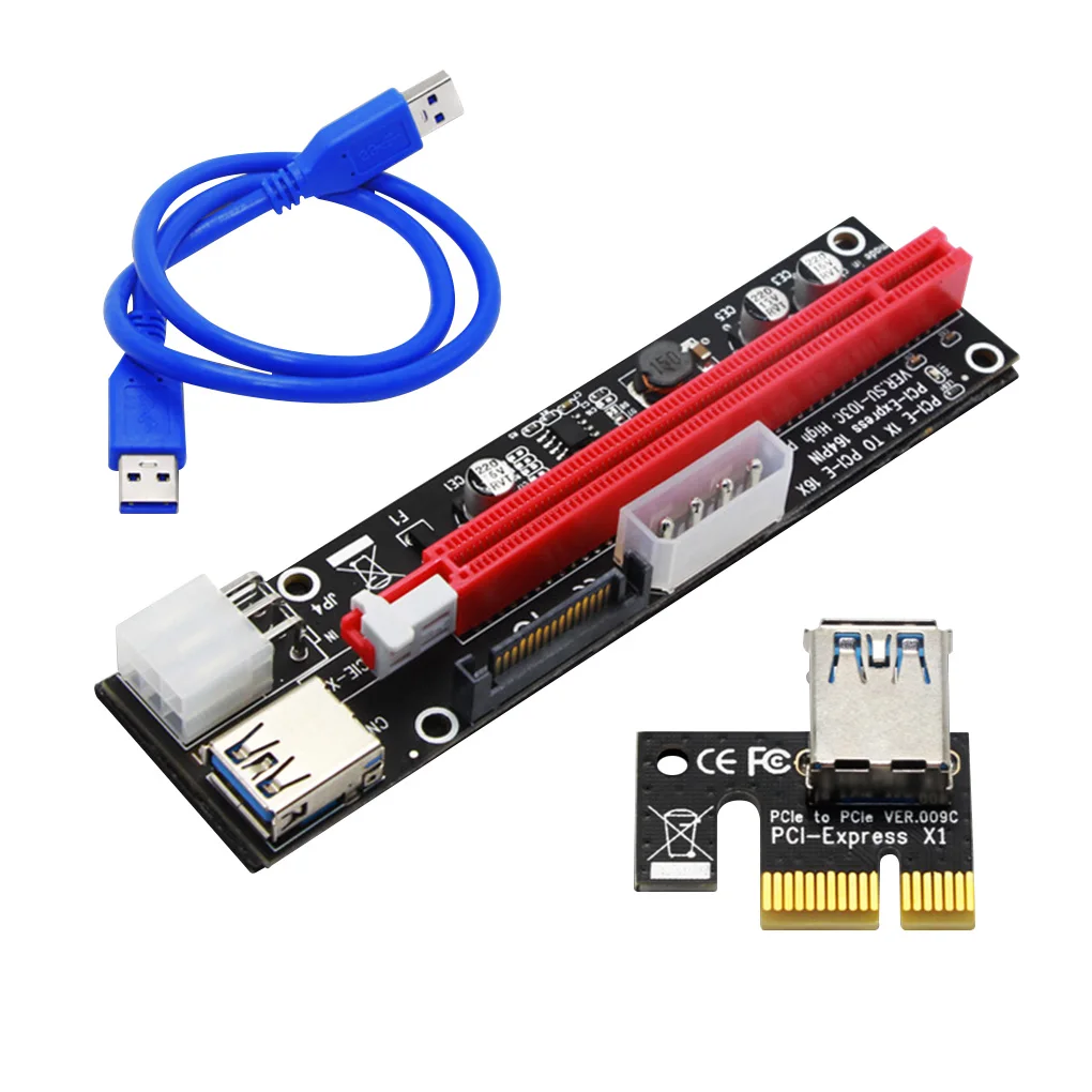 

6PCS VER103C 3in1 Power PCI-E Riser Card LED 4pin 6pin Sata 15pin Express 1x to 16x 60CM Extension Cable for Bitcoin Miner