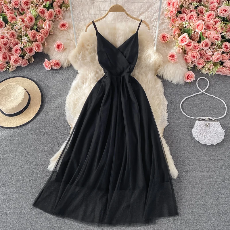 

Black Sexy Mesh Long Dress Women Summer Elegant V-Neck Sleeveless Spaghetti Strap Vestidos Beach Vacation Party Robe 2021 New