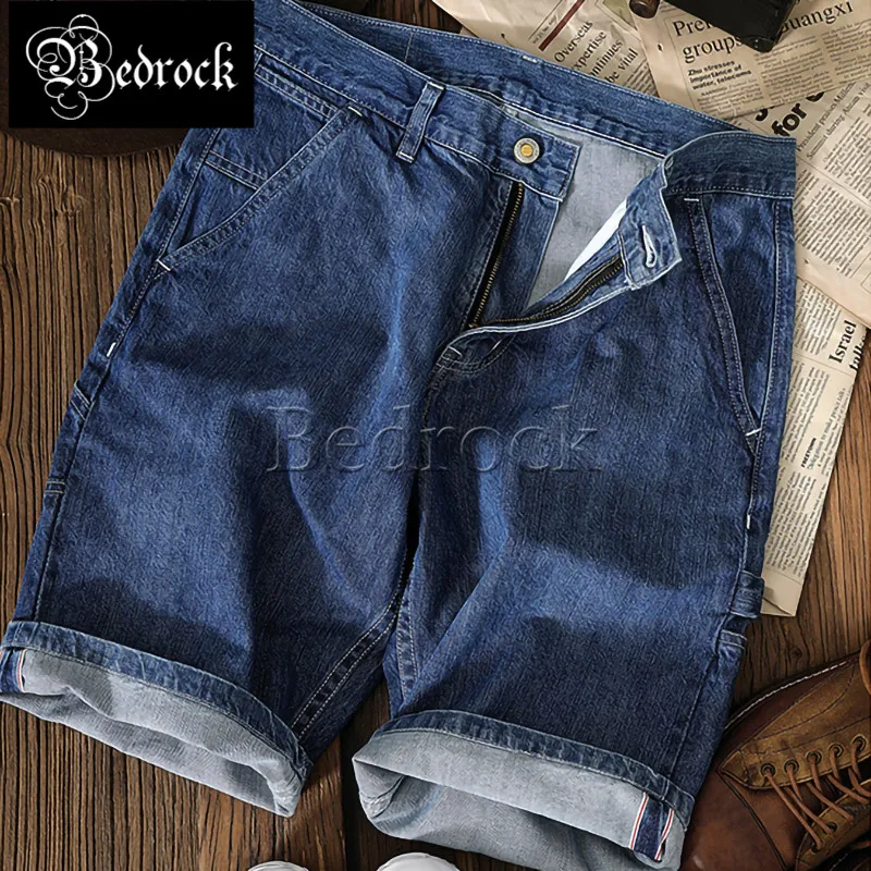 MBBCAR 11oz red line denim one washed shorts blue denim shorts retro selvedge casual knee length overalls shorts male 579