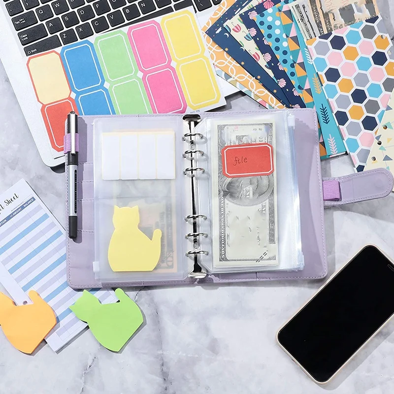 

59 Pieces A6 PU Leather Notebook Binder Set, A6 Binder Zipper Folders Dual Binder Bag Expense for School Office Home