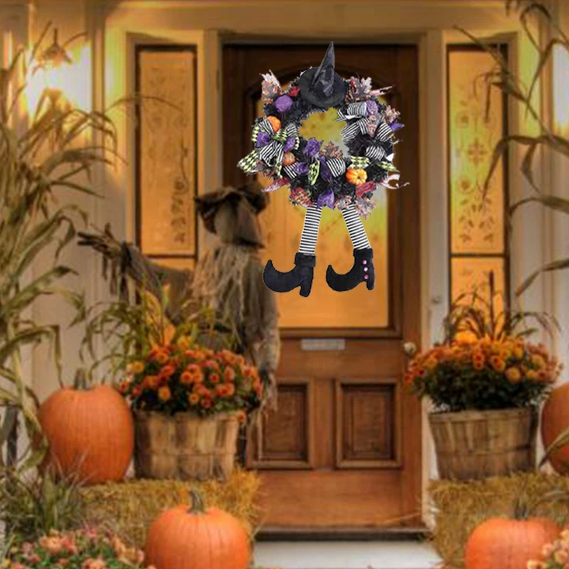 

Halloween Wreath for Front Door Witch Hat Legs Pumpkin Wreath Door Hanging Garland Wall Ornament Home Party Halloween Decoration