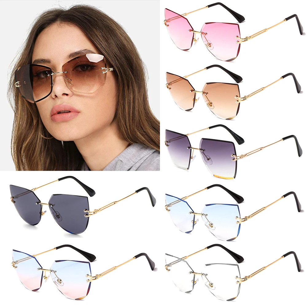 

Gradient Cutting Lens UV400 Frameless Eyeglasses Rimless Shades Women Metal Sunglasses Cat Eye Sunglasses