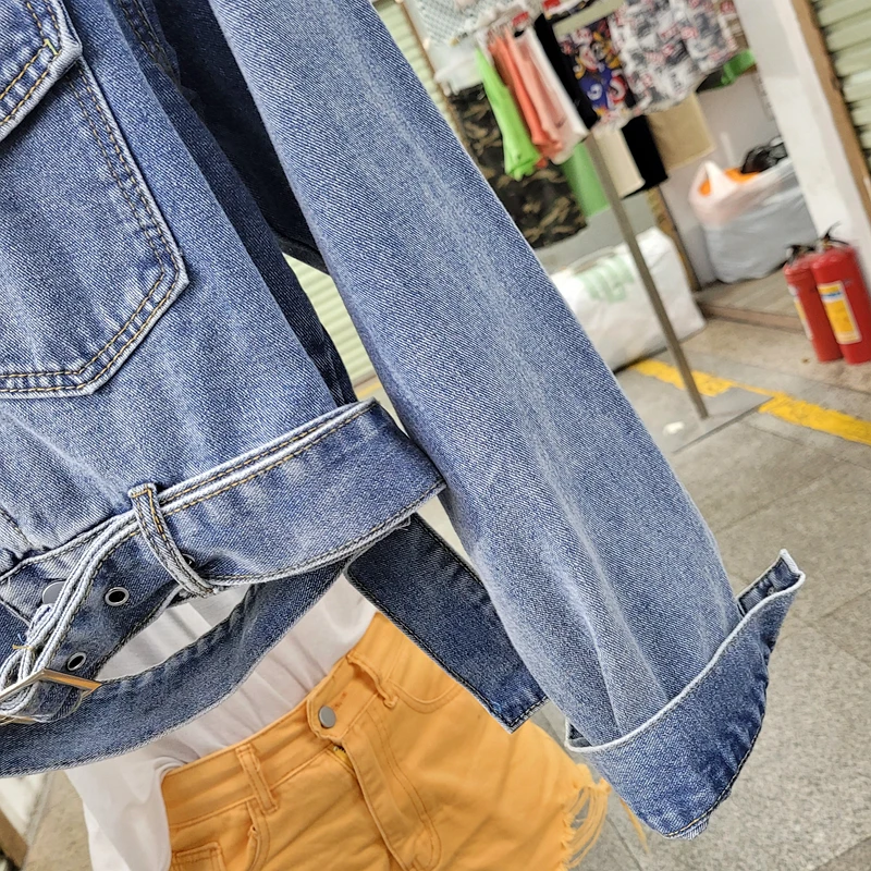 Женская джинсовая куртка с длинным рукавом Короткая синяя в Корейском стиле