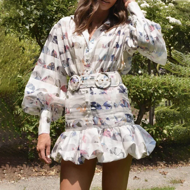 

Новинка зимы 2020, женское Элегантное однобортное платье MSXU с лацканами и рукавами-фонариками, Короткое женское платье с оборками