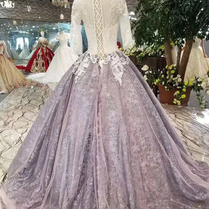 LSS383 grey women occasion dress ball gown o-neck long sleeve curve shape prom dress pleat skirt lace up back dress brush train