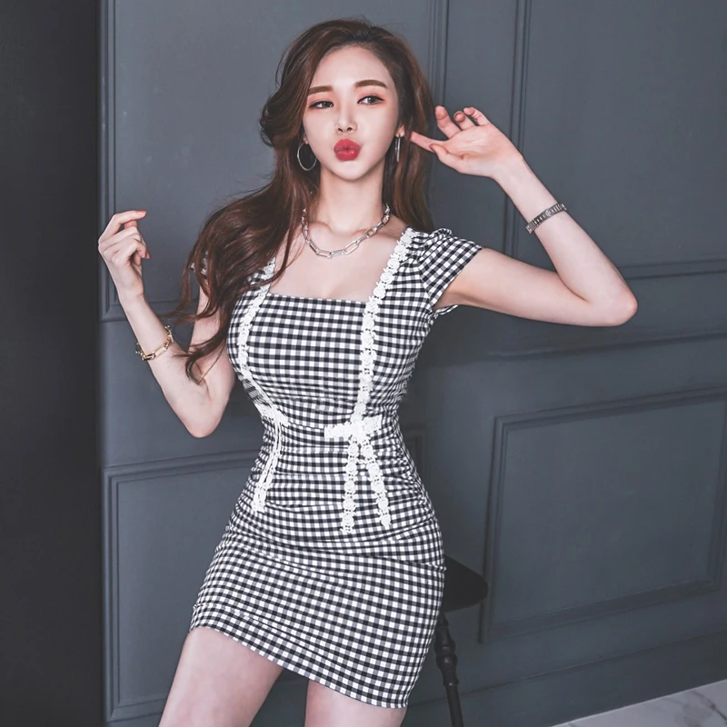 

Plaid Mini Dress for women Summer Sexy Short Sleeve square Neck Line Laides new sweetheart one piece bodycon Dresses