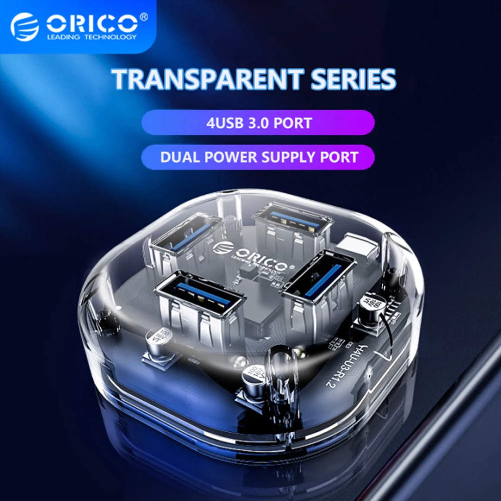 Прозрачный разветвитель ORICO сетевой на 7 портов USB с портом питания Micro для