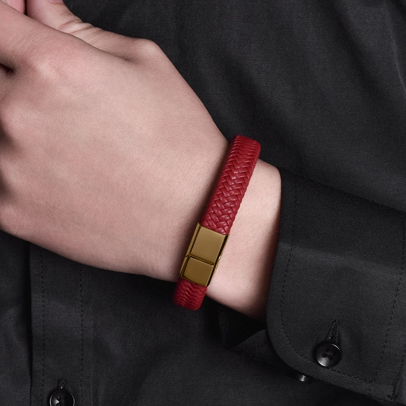 MOZO FASHION 2020 Punk Men Jewelry Red Braided Leather Bracelet Gold Stainless Steel Magnetic Clasp Fashion Women Bangles 161 | Украшения и