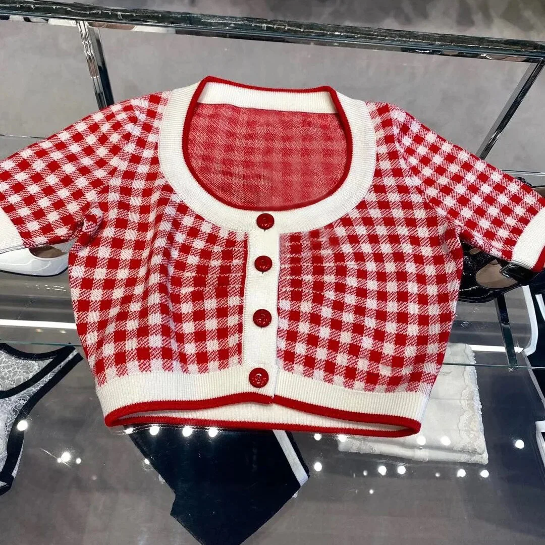 2021 Early Spring MIU Short-sleeved Sweater New Red Plaid Slim Short Sweet Knit Top Cardigan Women