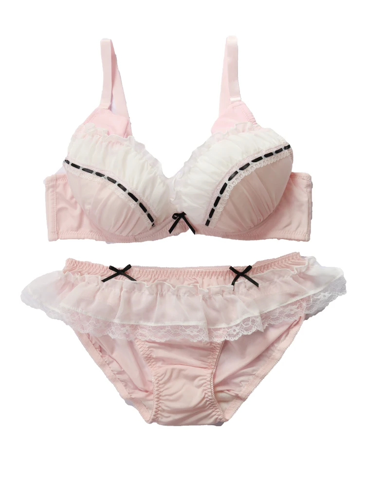 Sexy Young Girl Women's Cute Cat Underwear Set Sweet Lolita Bow Lace Trim Bra & Panties Set Lingerie Set Push Up Bra set Pink