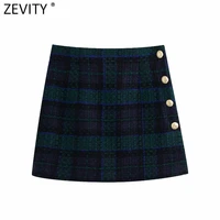 zevity new women vintage plaid print tweed woolen back zipper slim mini skirt faldas mujer lady side buttons chic skirts qun692