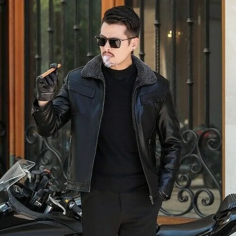

Men Plus Size Faux Sheepskin Coat Jacket Fur Coat Plaid Sheepskin Collar Cool Leather Jackets Leisure Motorcycles Men Jacket
