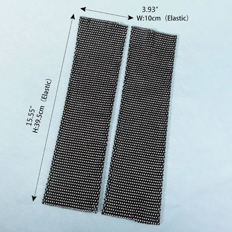 Women Full Glitter Rhinestone Arm Warmer Sleeves Summer Sunscreen Nightclub Hollow Plaid Mesh Fishnet Fingerless Gloves