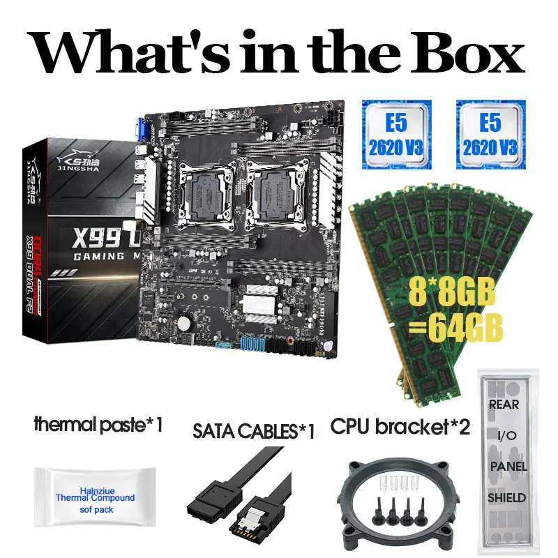 

X99 Dual F2 Motherboard Kit with Inter Xeon 2*E5 2620V3 CPU and 8*8GB=64GB DDR4 2400MHz ECC REG RAM Support LGA2011-3 E5 V3 CPU