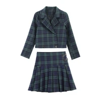 perhaps u green notch collar women two pieces set plaid suit button mini short pleated skirt long sleeve t0248