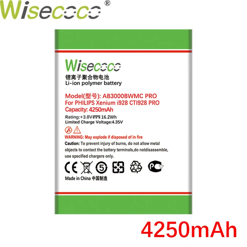 WISECOCO 4250 мАч AB3000BWMC Батарея для мобильного телефона Philips Xenium I928 CTI928 мобильный