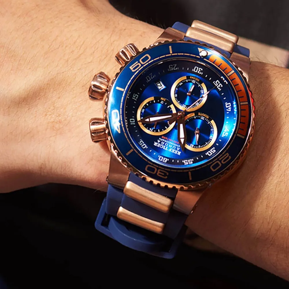 Риф Тигр/RT лучший бренд Роскошные синие спортивные часы для мужчин розовое