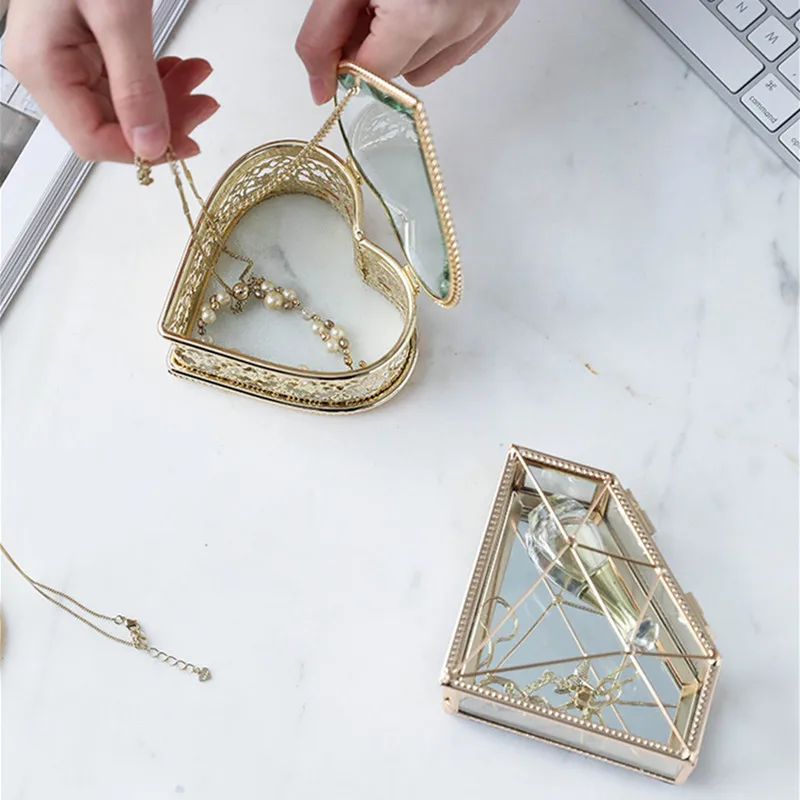 Стеклянная коробка с бриллиантами в форме сердца Золотая Шкатулка держатель для