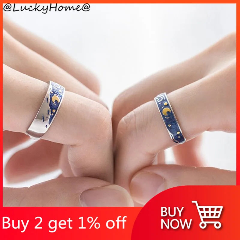 2 шт. S925 покрытием Ван Гог синее звездное небо открытый Lover кольца любовь навсегда