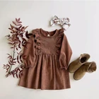 Качественное весеннее дизайнерское детское вельветовое платье с длинным рукавом и рюшами, коричневое однотонное платье-пачка для маленьких девочек, зимнее платье