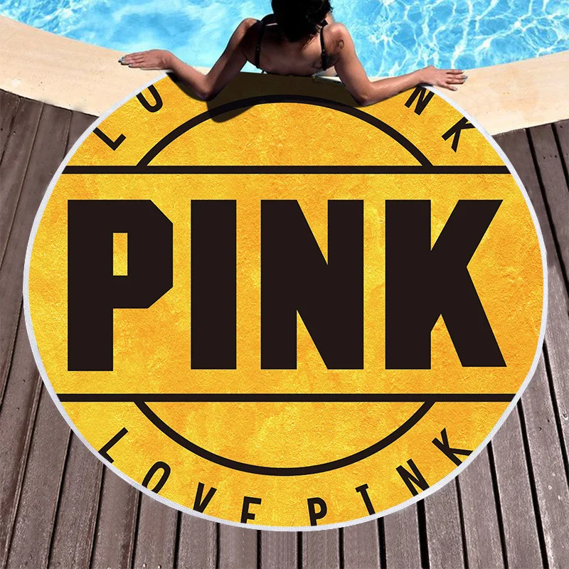 

Letter Pink Printing Round Beach Towel Micofiber 150cm Absorbent Swimming Sports Towels Picnic Blanket Serviette De Plage