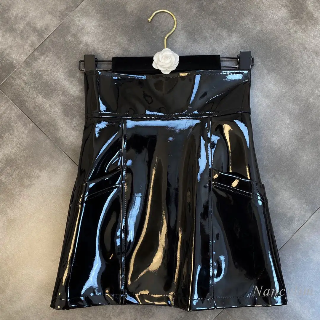 

Глянцевая кожаная юбка для женщин, осень 2021, новая однотонная облегающая юбка с карманами, Женская юбка с высокой талией, Черная