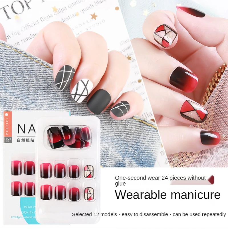 

24pcs Detachable False Nail Artificial Tips Set Full Cover For Short Decoration Press On Nails Art Fake Extension Tips With Glue