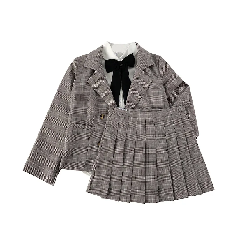 

Winter 2019 New Korean Pleated Plaid Skirt + Suit Jacket Solid Color Lace-up Shirt Student Suit