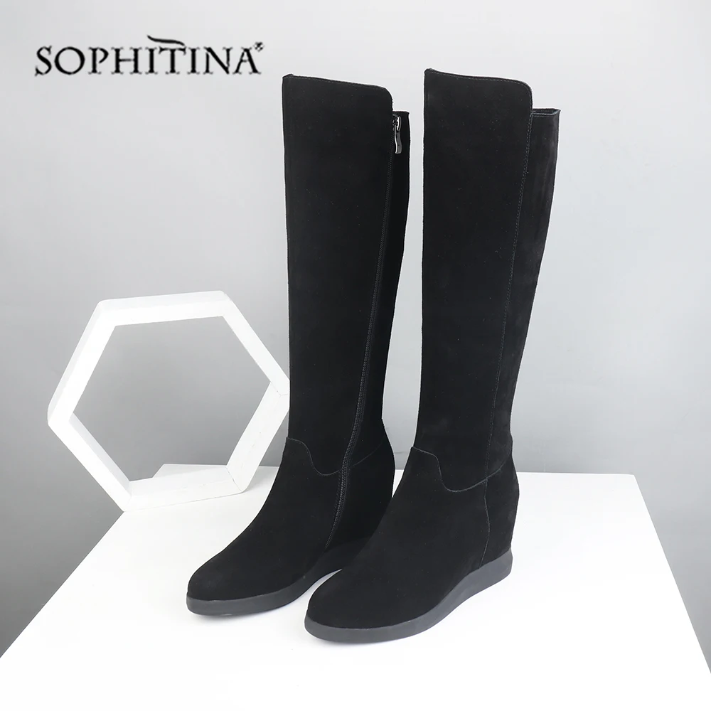 Ботинки женские замшевые на танкетке с круглым носком молнии | Обувь