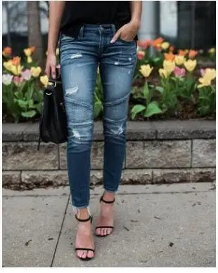 

selling cross-border popular style European and American export high waist wrinkle elastic pencil small foot hole jeans