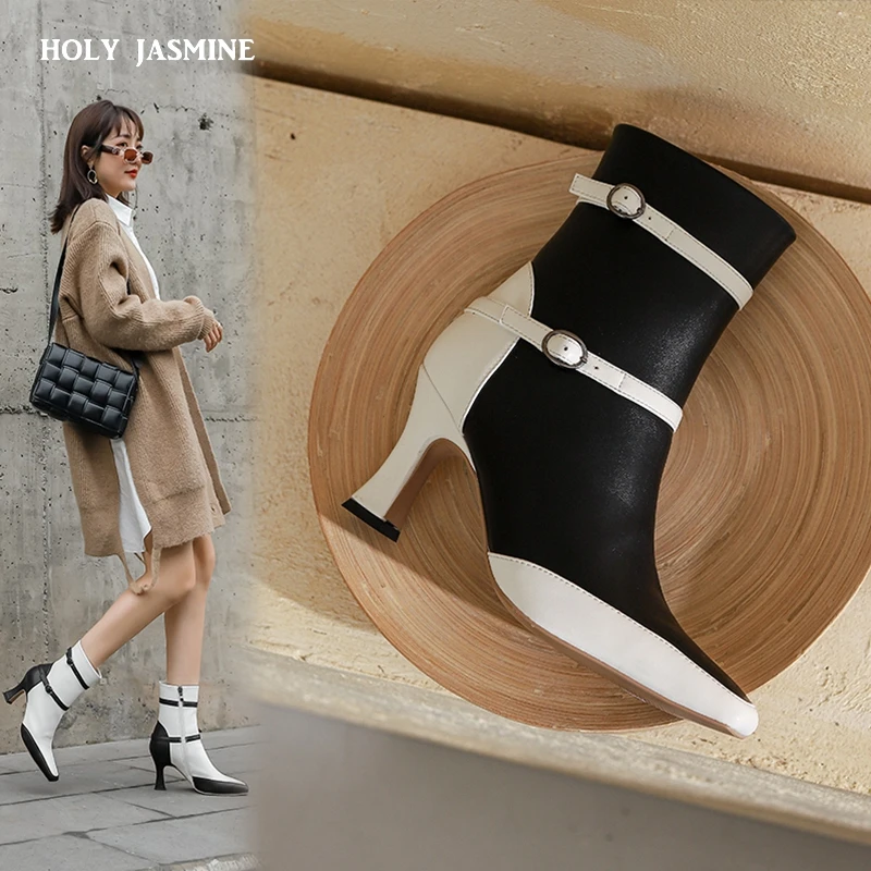 

2020 Autumn New Women Boots Fashion Buckle Ankle Boots Pu Leather Wedges High Heel Long Boots Square Toe Winter Woman Shoes