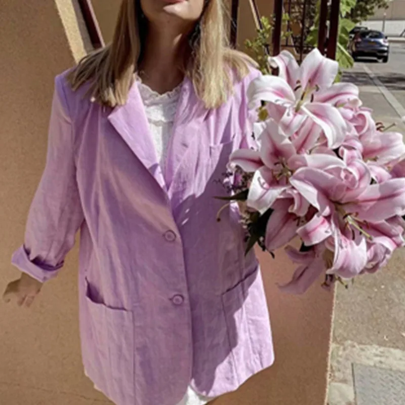 

Women Fashion Single Button Thin Blazer Coat Vintage Long Sleeve Pockets Female Outerwear Chic Girls Casual Blouse