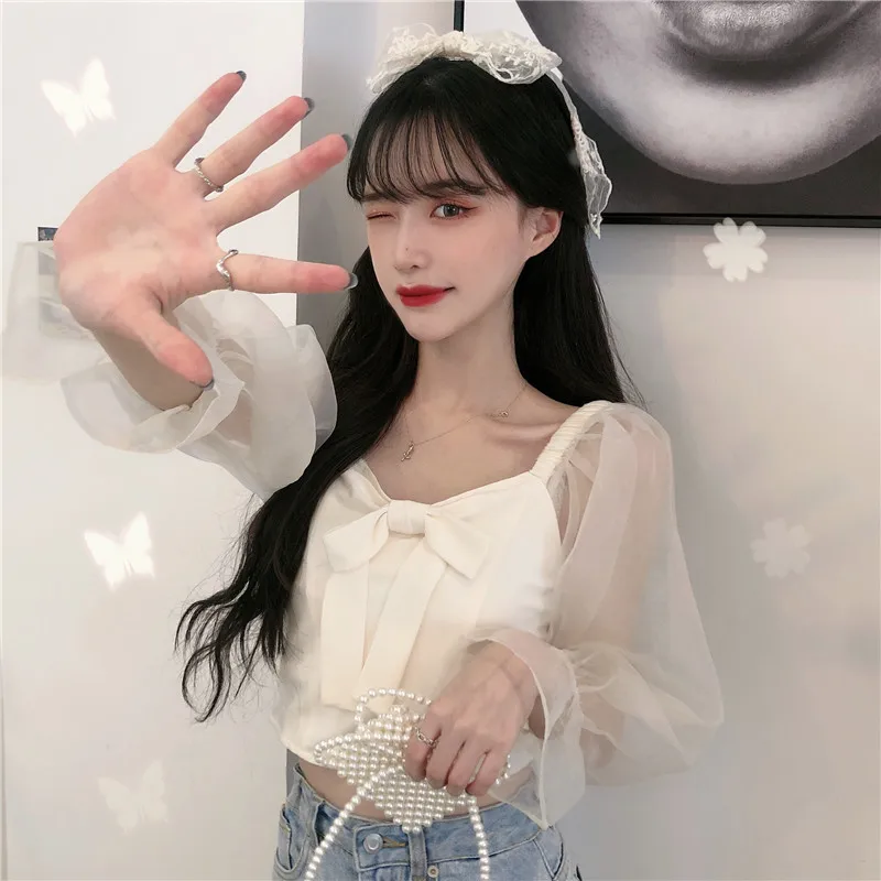 

Mesh Flare Sleeve Off Shoulder Blouses Sweet Summer Style Women's Clothing Crop Top Fashion Brand Bow Shirts New Perspective