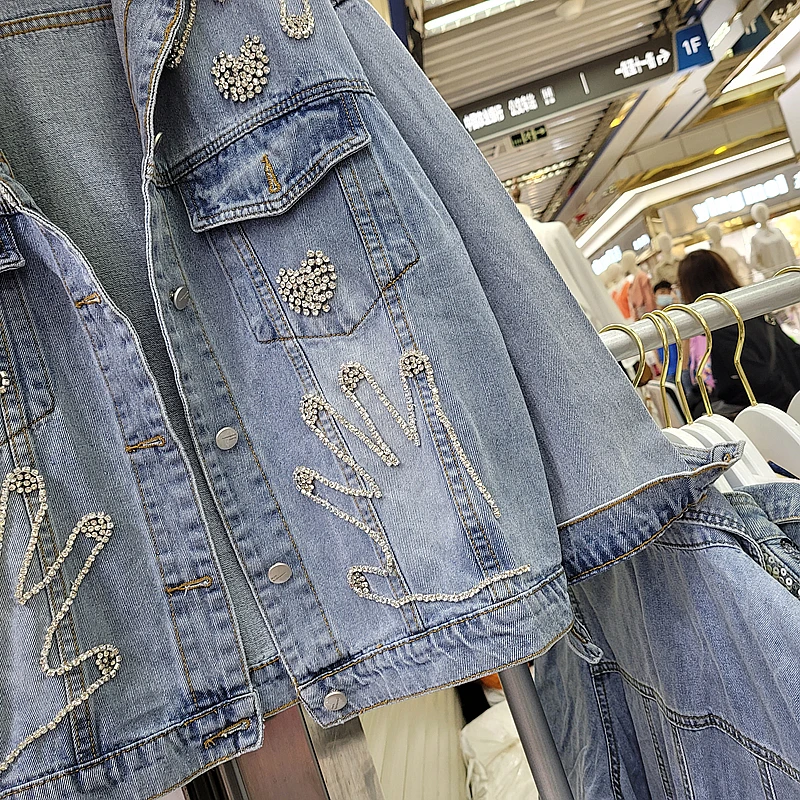 

2021 New Denim Coat Heart Patterns Diamonds Fingers Cool Tops Girls Street Fashion Women Jean Jacket Chamarras De Mujer