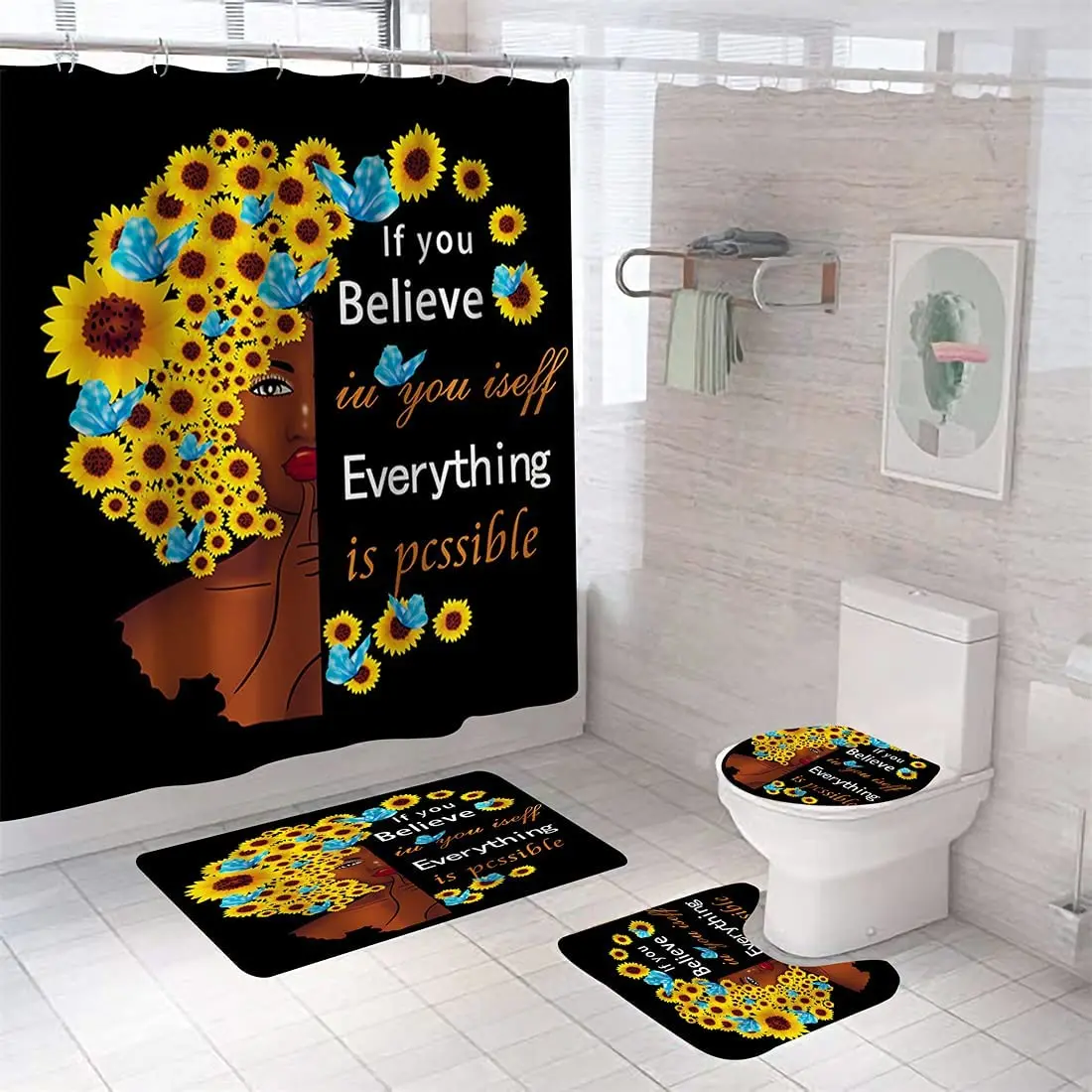 

Sunflower Girl Print Shower Curtain Set Carpet Cover Toilet Cover Bathroom Mat Cushion Cover Bathroom Curtain Household