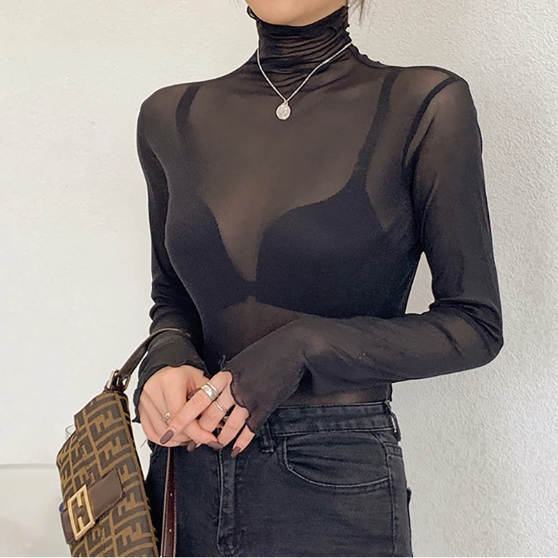 

Women T Shirt Summer New Sexy See Through Transparent Long Sleeve Mesh Tops Turtleneck Black Tees Femme Hollow Lace Out Tshirt