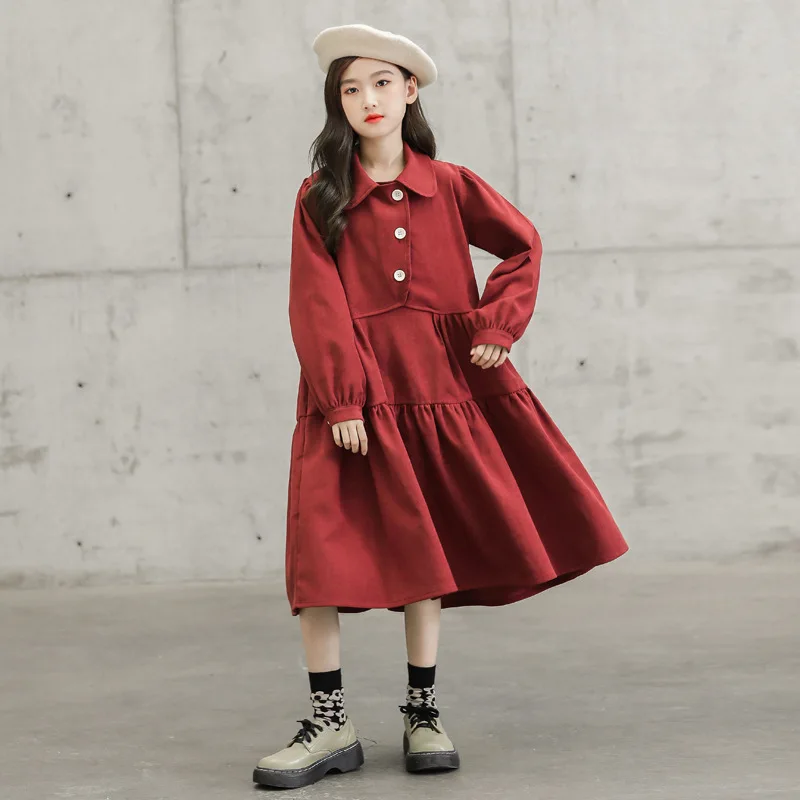 

Girls' dress, corduroy long-sleeved dress, new fashion children's long dress, casual princess dress kids dress Mid-Calf