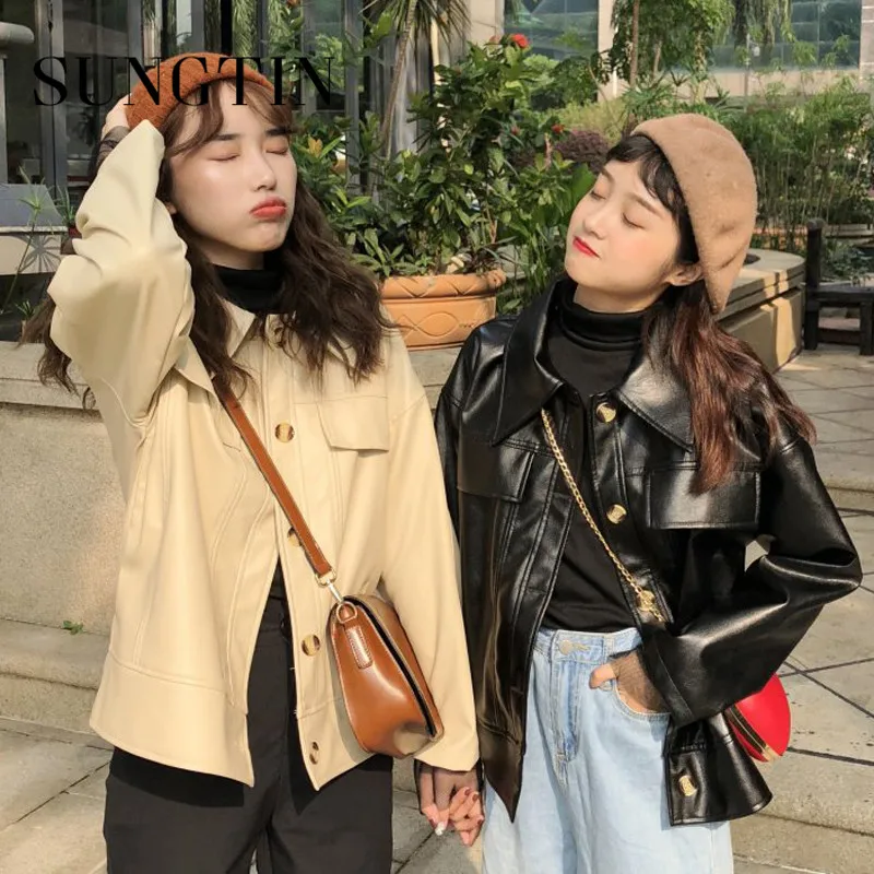 Куртка женская из искусственной кожи осенняя черная свободная 2020 | Женская