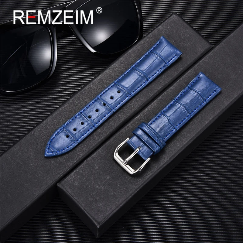 

REMZEIM Watch Band Genuine Leather Straps 10-22mm Watch Accessories High Quality Green Blue Red Colors Watchbands Soild Buckle