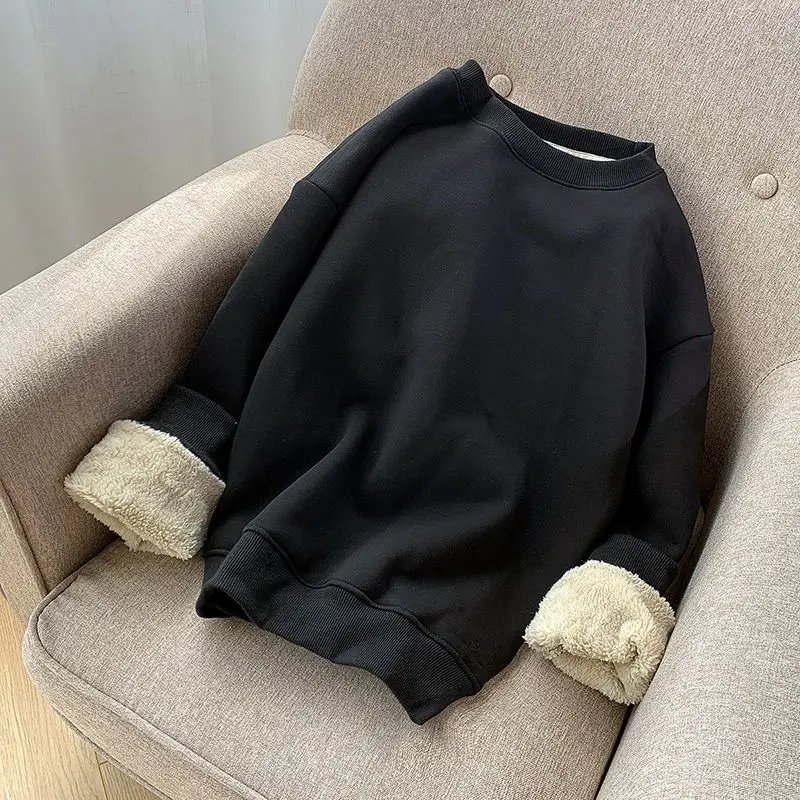 

Sweatshirt Winter Trend Women Thick Velvet O-neck Long Sleeve Shirt Lose Korean Fashion Pure Color Lamb Plush Warm Pullover Coat