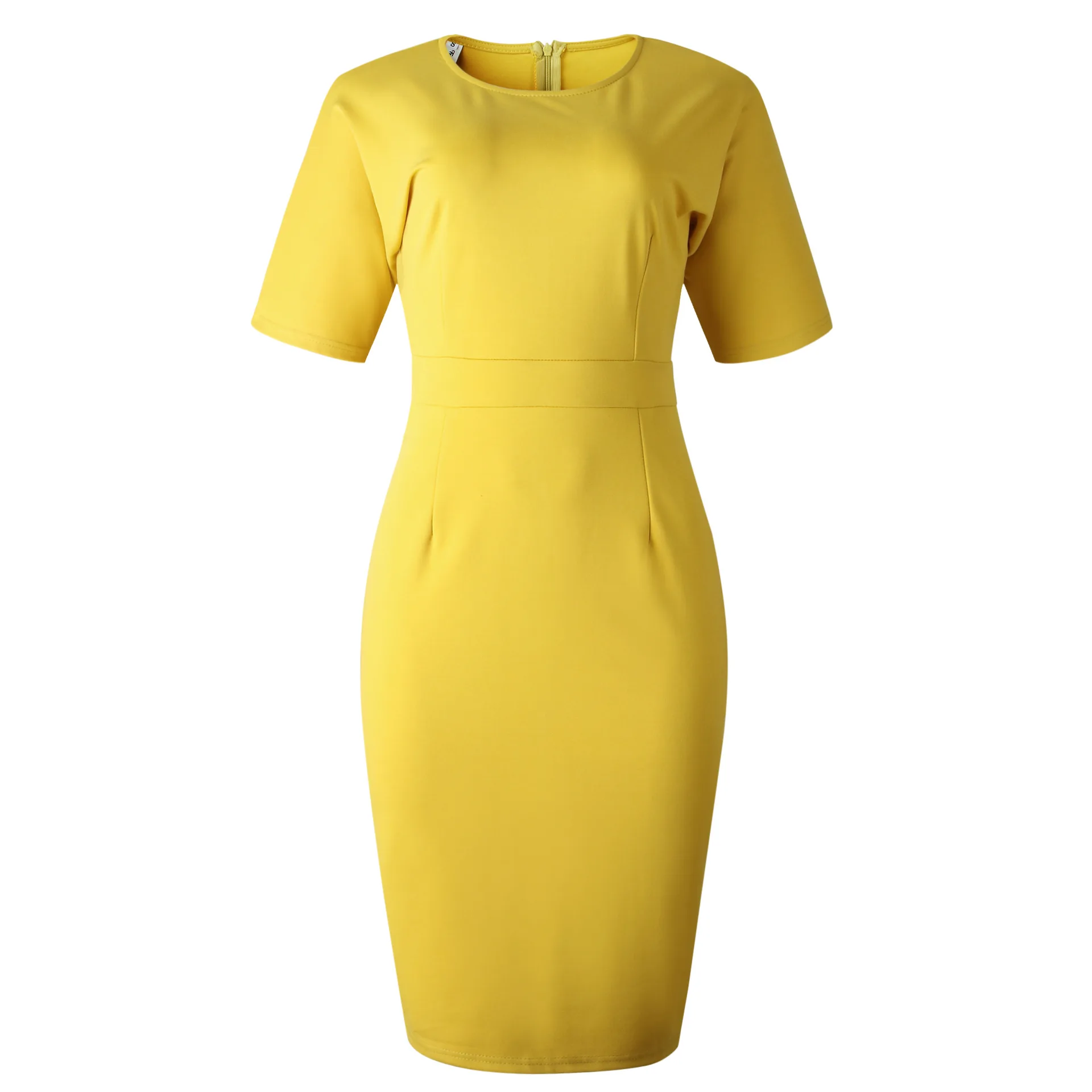 

Casual Office Style Slim Half Sleeve O-Neck High Waist Yellow Color Zippers Pencil Dresses African Elegant Women Bodycon Dress