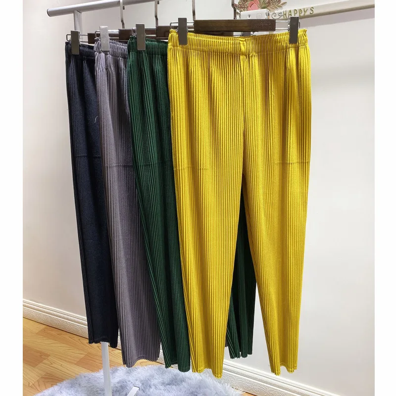 Pants For Women Autumn New Elastic Miyake Pleated Thick Solid Color Casual Pencil Pants Ankle Length